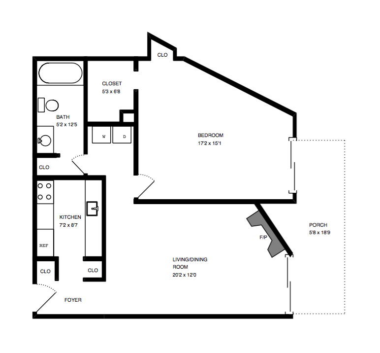 Floor plan for 1 bed, 1 bath, 666 sqft